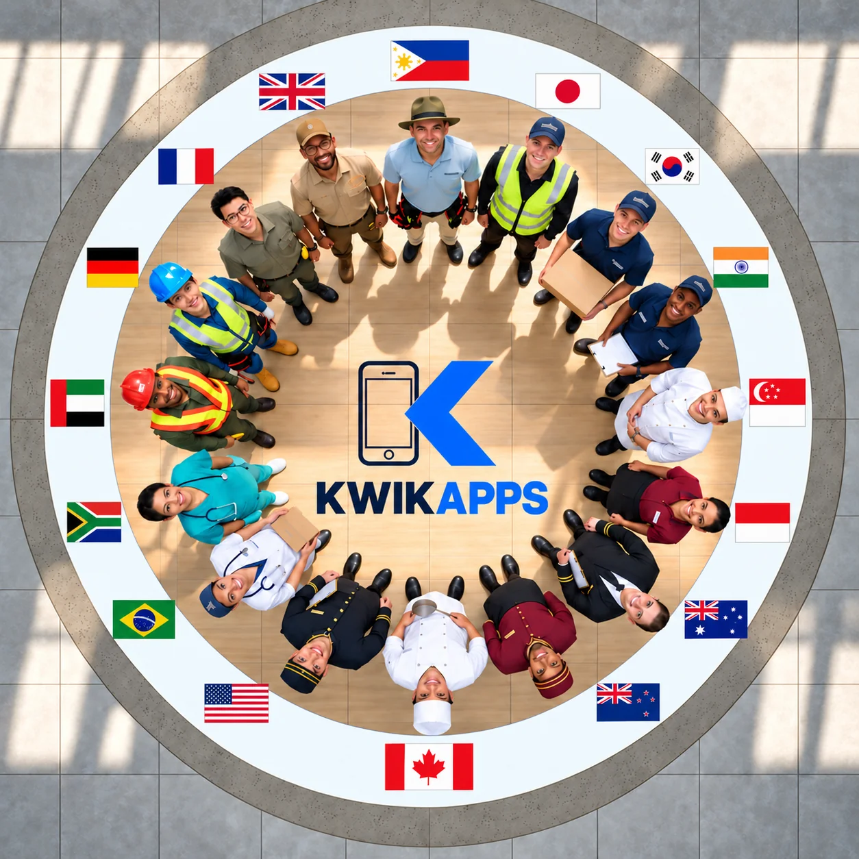 Workers from many industries — construction, healthcare, hospitality, logistics, security, food service — smiling and looking up around the KwikAPPS floor logo, with international flags on a circular ring