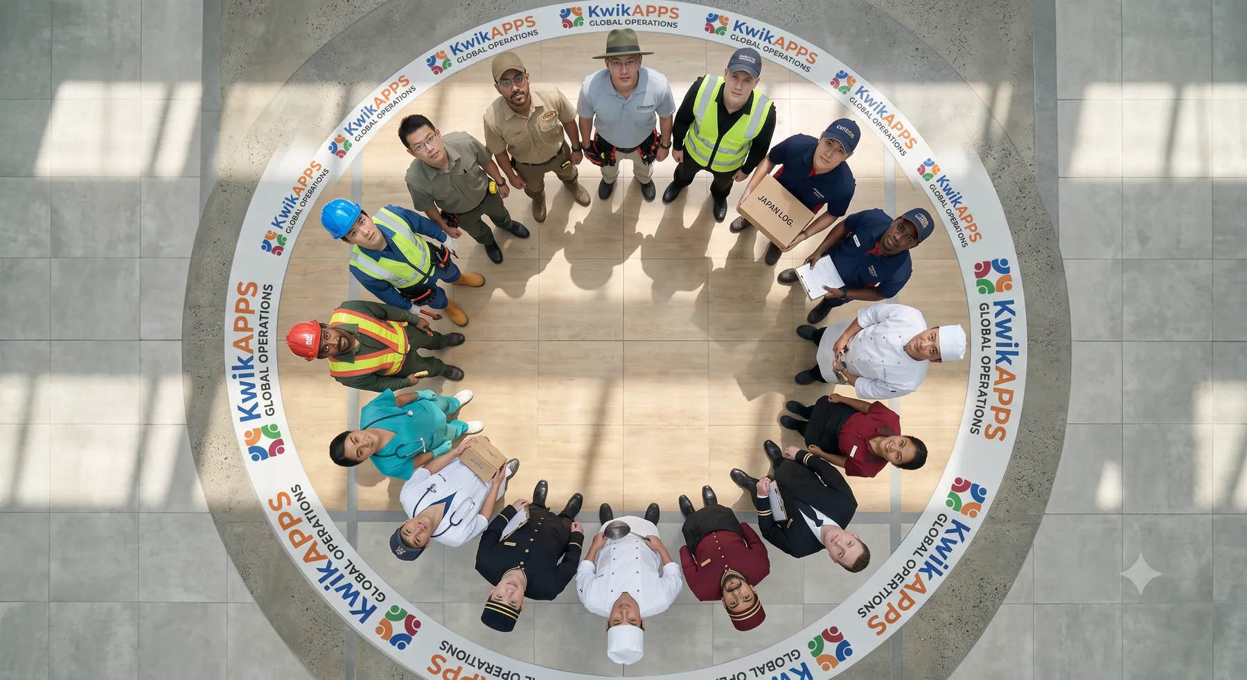 Workers from many industries — construction, healthcare, hospitality, logistics, security, food service — standing in a circle marked KwikAPPS Global Operations