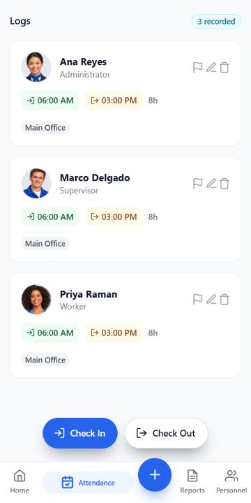Illustrative attendance records with smiling profile photos